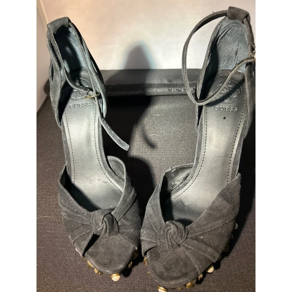 Guess Black Suede Studded Platform Heels Knot Peep Toe Ankle Strap‎ Pumps 8M